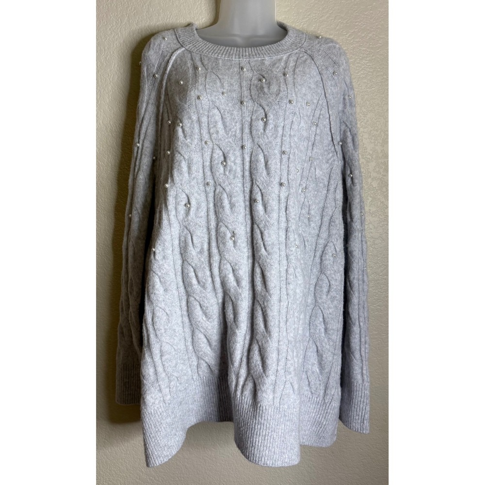 Aerie Women XL Sweater Grey Pearl Embellished Cable Knit Raglan Sleeve Classic